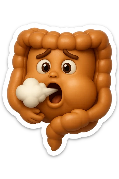 emoji stile iphone di un intestino che ingoia una nuvoletta di aria ben visibile e gli si gonfia la pancia, iperrealistico 4k sticker