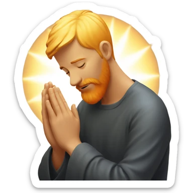 man with orange beard, short blond hair as he praying, with a holy shine behind him sticker