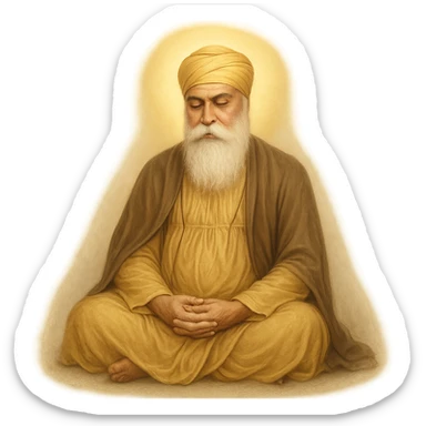 Guru Nanak Dev Ji, seated in meditation, serene face, wearing turban and simple robes, surrounded by soft glow, respectful and spiritual style sticker