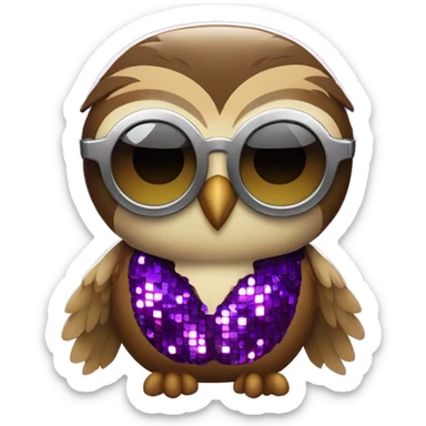 a rowlet brown owl emoji with sunglasses and a purple sequence disco outfit on sticker
