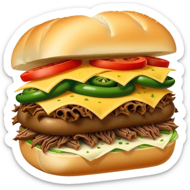 Chicago Italian cheesy beef sandwich. Italian bread, shredded beef, white provolone cheese, green peppers. sticker