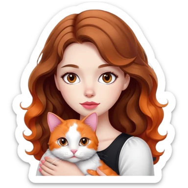 A girl with wavy brown hair and white has medium round eyes and medium pink lips that embrace her calico in orange, black and white color sticker