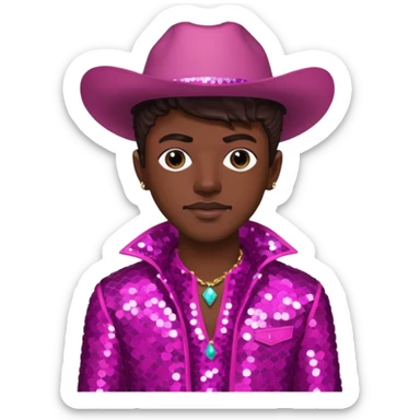 Lil Nas X with dark brown hair, dark pink sequin outfit sticker