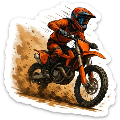 dirt bike racer, dynamic action, dust flying, helmet, energetic, modern style sticker