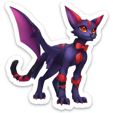 cool anthro edgy black purple red ethereal fantasy nargacuga-Noivern-cat-Fakemon collar harness bow tie and bracers full body sticker