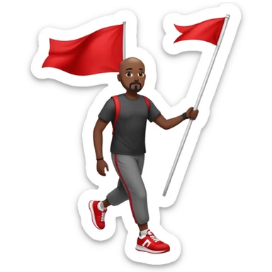 Bald black man with a white goatee in sneakers carrying a red flag sticker