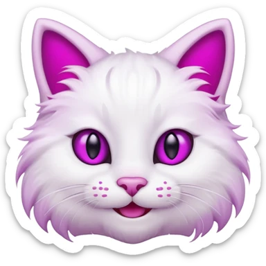 White cat smiling with teeth showing, pink inner ears, magenta purple eyes sticker