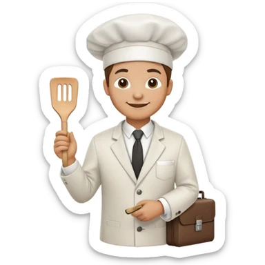 Chef wearing a suit and tie with a chef hat, holding a spatula in one hand and a briefcase in the other, friendly smile sticker