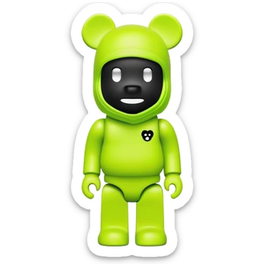 bearbrick toy wearing a neon lime green balaclava with a small black logo sticker