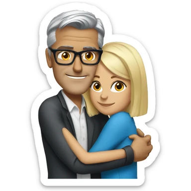 Blonde woman with blue eyes and glasses hugging George Clooney  sticker