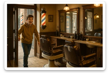 Sartaroshxonaga kirib kelayotgan! O'smirin bola sartaroshxona yangi ham eski ham e,as sticker