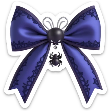 3D emoji gothic bow, dark indigo satin, black lace overlay, silver spider charm, moody and elegant sticker