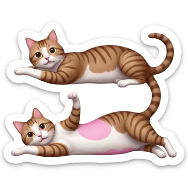 brown tabby and white cat with doing a big extremely long stretch reaching up into the air with arms and legs side by side together straight and overextended whilst lying on its side sticker