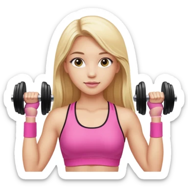 beautiful girl with brown hairs in sport wear in her hands is dumbbells her skin was light and hairs too and her sport wear was pink  her hair was long and blonde  sticker