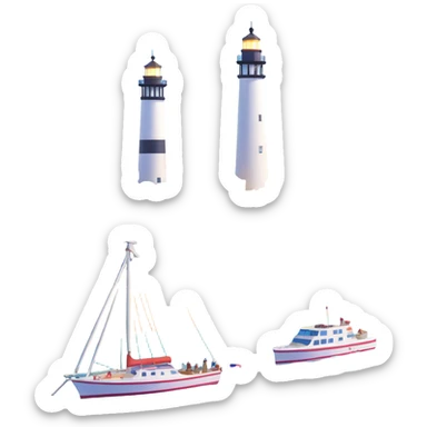 highly detailed, realistic 3D icon of the Provincetown, MA skyline featuring the Pilgrim Monument, Boatslip Resort, Provincetown Inn, Race Point Lighthouse, and Provincetown Pier with accurate and realistic architectural details, bright lighting, isolated on transparent background sticker