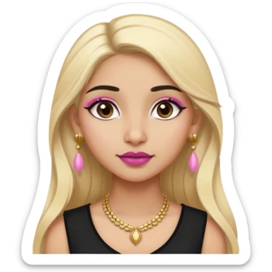 Sweet Indian girl blond long hair darkbrow  eyes brown/pink lipstick blush, black top gold earrings brown eyebrows  sticker