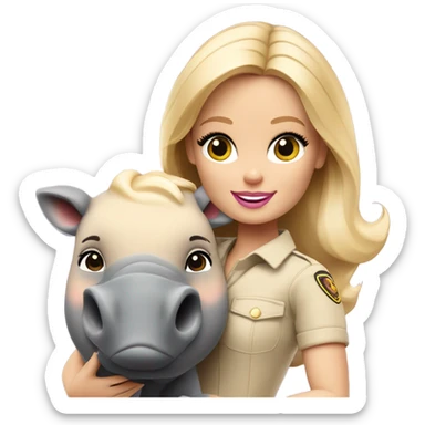 Blonde zookeeper Barbie with brown eyes, long shiny blonde hair, with a baby rhinoceros sticker