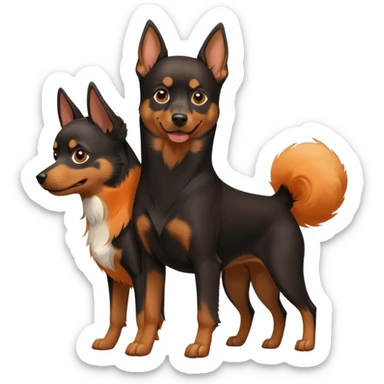 Doberman Pinscher and Pomeranian Spitz standing side by side. The Doberman has a sleek black and tan coat with alert ears, while the Pomeranian has a fluffy orange coat and a joyful expression. Beautiful natural background, with a clear blue sky and green grass. Transparent background. sticker
