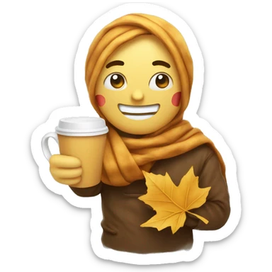 Smiling holding back tears emoji with scarf holding coffee and fall leaf sticker