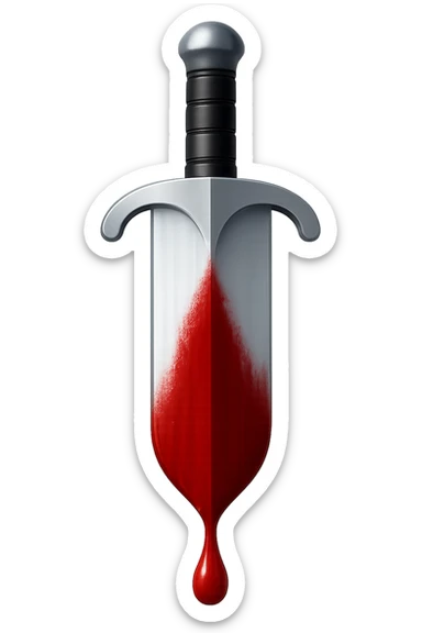 Make the sword blade 50% wider while keeping all other proportions and details the same. The blood should cover the entire bottom half of the blade, appearing wet and realistic. Keep the sword perfectly vertical with a steel finish. Render in emoji style with a transparent background. sticker