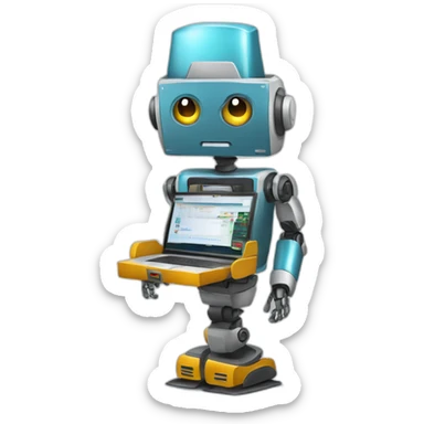 un robot con gorro navideño vendiendo por una computadora sticker