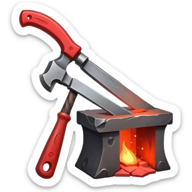 Blacksmithing icon, forged metal piece being shaped with hammer and anvil, glowing red-hot metal, blacksmith tools like tongs and chisel, sparks flying, minimalistic style, clean lines, transparent background. sticker
