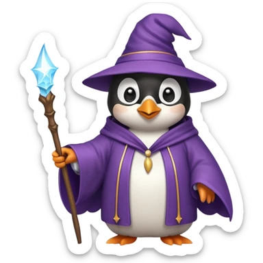 cute penguin wizard casting a spell, wearing a robe and holding a wand sticker