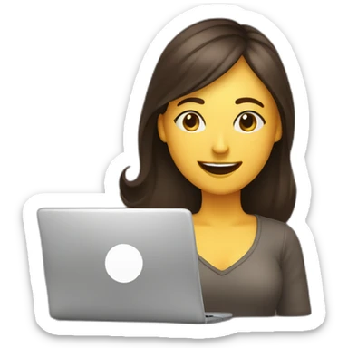 smiling woman eyes closed behind a laptop and a large coffee mug. sticker