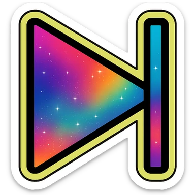 two right-pointing triangles or right-pointing triangle with vertical line next symbol, vibrant moving galaxy colors, yellow or green neon glow border sticker