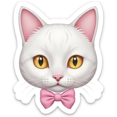 white cat sitting and she has a pink small bow on her right ear,she has golden eyes,she's fully white,even her ears,the only color is the pink small bow on her right ear,the cat is small sticker