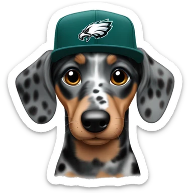 Miniature Blue Merle  Light Tri Brown Black and Gray Spotted Dachshund wearing Philadelphia Eagles Hat with C on it sticker