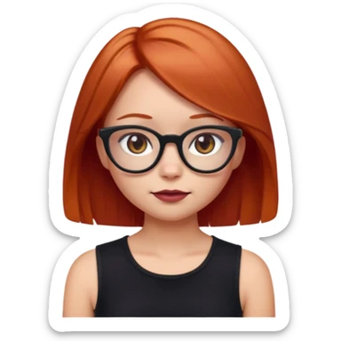 iPhone emoji of a girl with light red hair, shoulder-length hair, a small mole above her right eyebrow, wearing a black sleeveless top, and subtle dark maroon cat-eye glasses. sticker