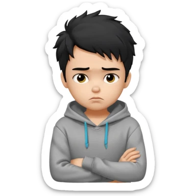 generate a pretty fair bratz boy with black messy hair looking sad with one hand on chin.  Wearing a grey hoodie sticker