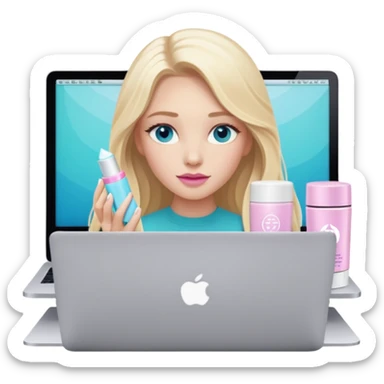 blonde long hair girl using macbook emoji. she has blue eyes and there is tatcha longevity cream (teal colour) and Summer fridays lip balm (pink sugar) in front of the laptop sticker