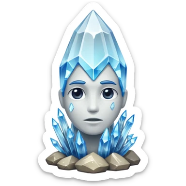 A single crystal rock character inspired by a clear quartz cluster, amorph base with many tall transparent crystal spikes growing upward all around it with a face sticker