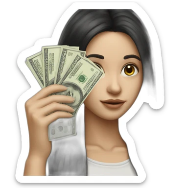 hyperrealist caucasian girl black long hair holding money sticker
