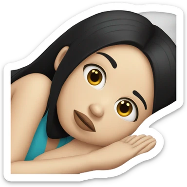 white girl with straight black hair laying down on a pillow sticker