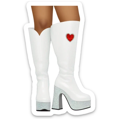 glittery white knee high platform gogo boot with a sparkly bedazzled cutout heart on the side sticker