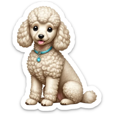 cinematic-[poodle]-realistic-full-body-sitting-emoji,-tail-resting-loosely-beside-its-paws,-head-tilted-dramatically, -curly-[cream white]-fur,-simplified-yet-realistic-focused-features,-highly-detailed,-glowing-with-an-almost-sarcastic-glow sticker