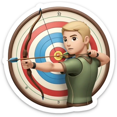 An archer drawing a bow and aiming an arrow at a target, with perfect focus and precision. The target is visible in the background, featuring concentric rings. The scene captures the concentration and skill involved in archery, emphasizing the elegance and accuracy of the sport. sticker