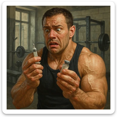 bodybuilder che si fa prendere dalla paura e fa cavolate, come una fiala ogni 2 settimane finisce che sopprimi comunque l'HPT ma senza alcun risultato visibile, iperealistica  sticker