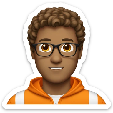 Brown haired guy with glasses and orange track suit sticker