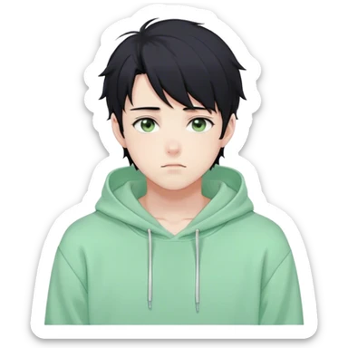 Gorgeous pastel green sweater black hair anime style shojo guy with blushing face and, hoodie, aesthetic, young adult, trending style, outside, vedal987 sticker