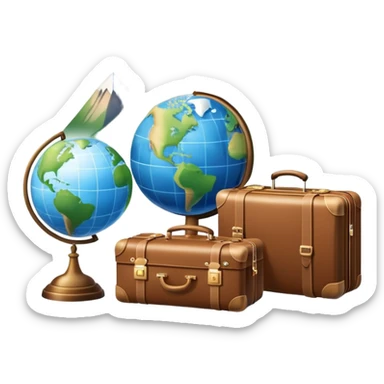 An icon featuring a suitcase, a hotel bell, and a globe, symbolizing tourism and hospitality. The design includes a scenic landmark, like a mountain or beach, and a check-in desk, representing travel and accommodation services. Transparent background sticker