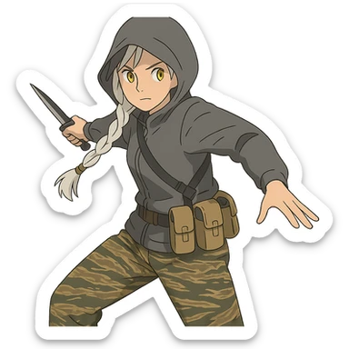 1 female, mid-20's  white hair long braid, gold yellow eyes, gray rainproof hoodie, hood up, single point sling, tan mag pouches on belt rig, tiger stripe camo pants, holding a combat blade, striking, swing sticker