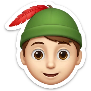 A cute 3D emoji head of a mischievous cartoon boy, fair skin, big expressive eyes, thick eyebrows, smiling with a slightly open mouth, brown hair, wearing a green pointed cap with a red feather, smooth sticker