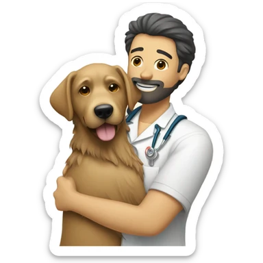 a vet hugging a shaggy labrador-like dog sticker