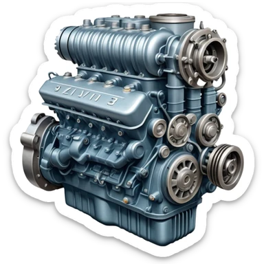 Detailed ZIL-130 V8 truck engine, Soviet automotive design, mechanical parts visible sticker