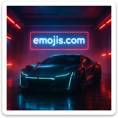 Cinematic still of a futuristic car parked front to camera inside neon garage with led behind saying "emojis.com", room fill with haze, very detailed and futuristic ,inspired by cyberpunk 2077 sticker