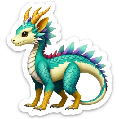 Beautiful pretty cool edgy elegant realistic Feral Rare Fantasy colorful vibrant Vernid-Trico-Haku-dragon-species-Fakemon-creature by LiLaiRa, random markings, tufted tail, tufted ears, full body sticker